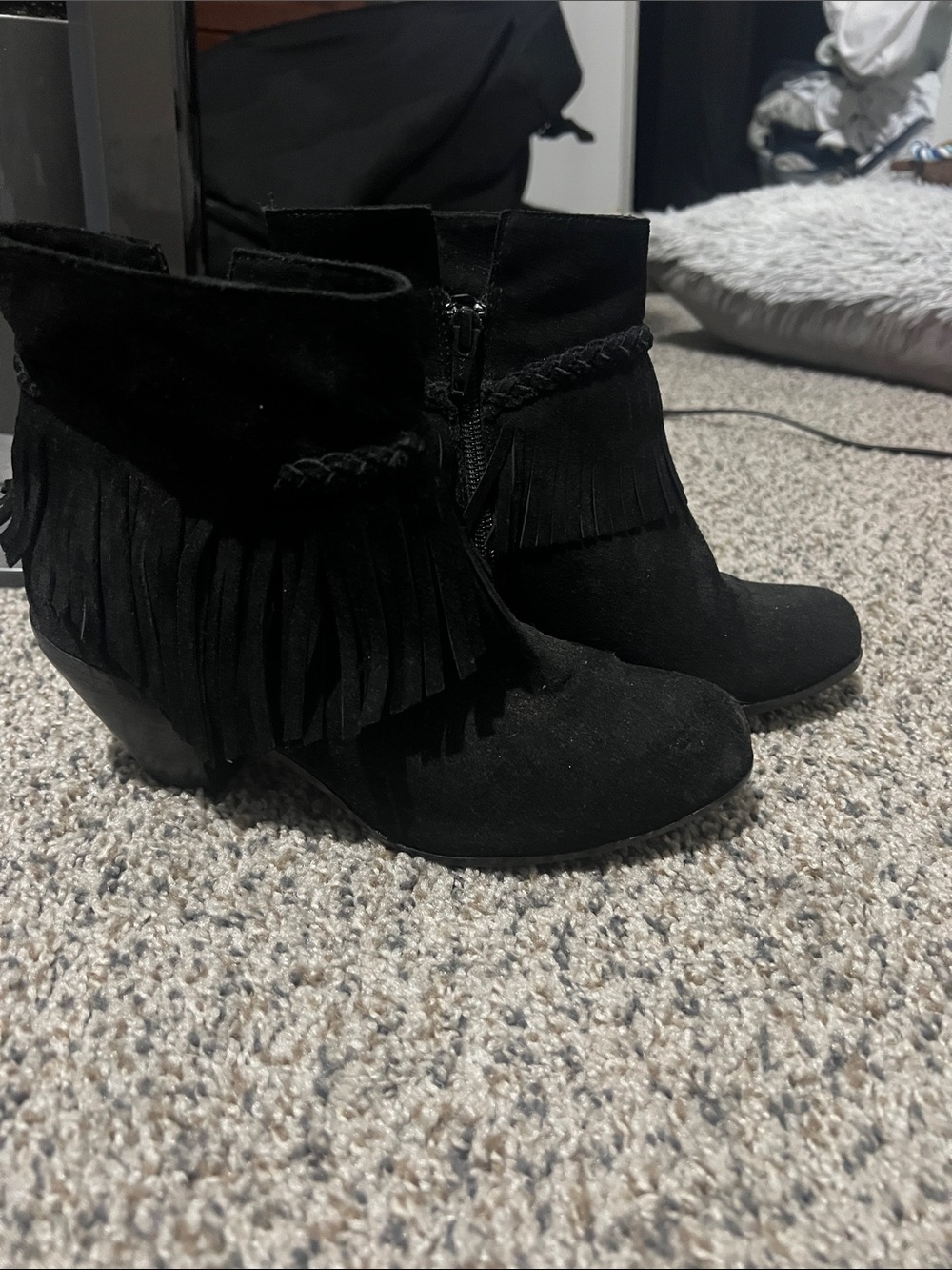 Gianni Bini Black Suede Fringe Braided Ankle Boots
